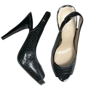 Nine West 7 Paper Black Faux Leather Slingback Platform Peep Toe Heels Size 5.5